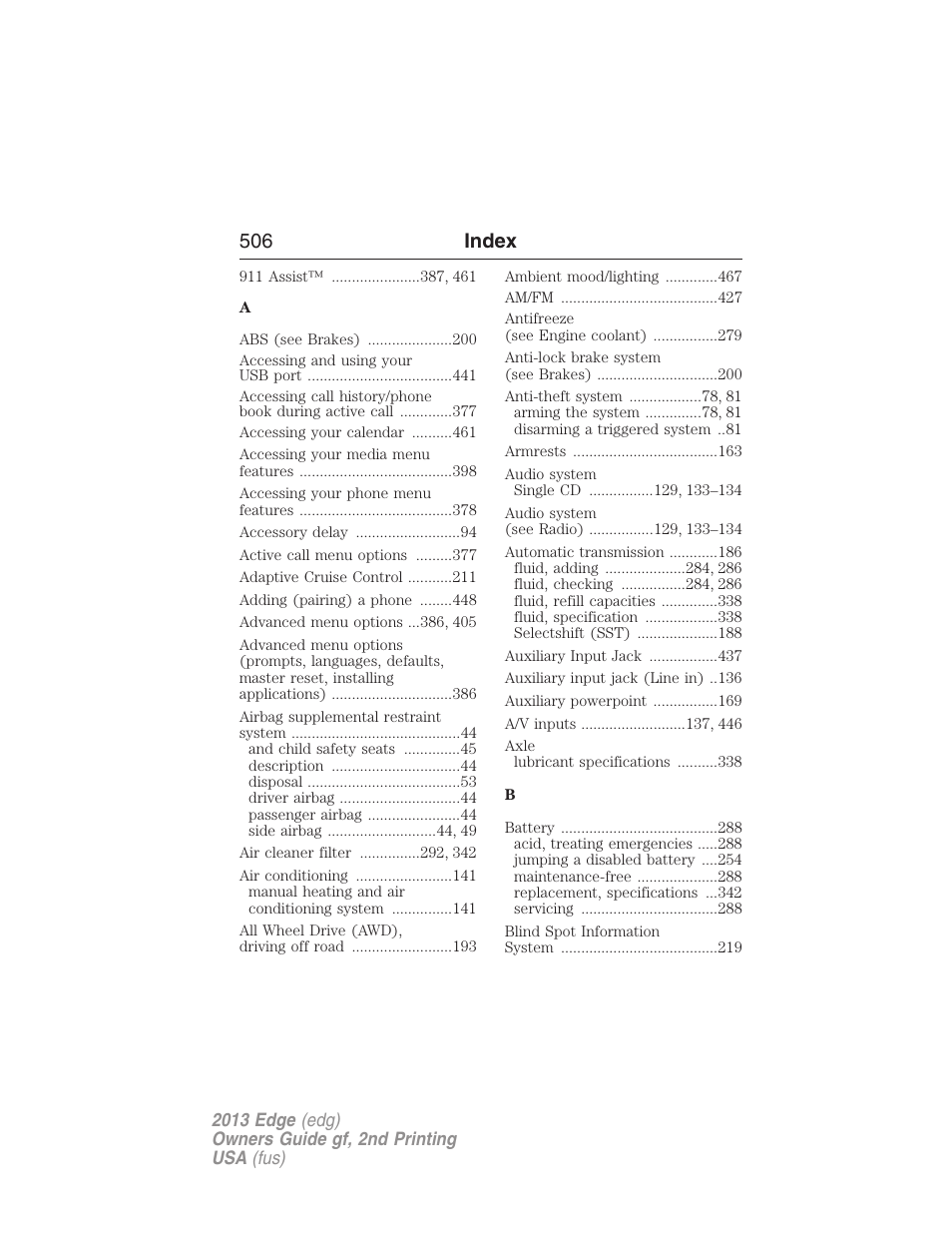 Index, 506 index | FORD 2013 Edge v.2 User Manual | Page 506 / 513