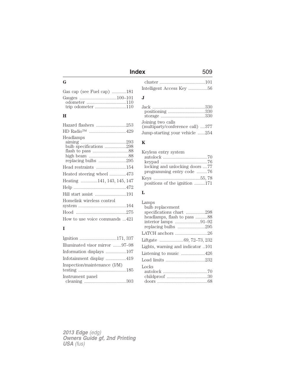 Index 509 | FORD 2013 Edge v.2 User Manual | Page 509 / 513