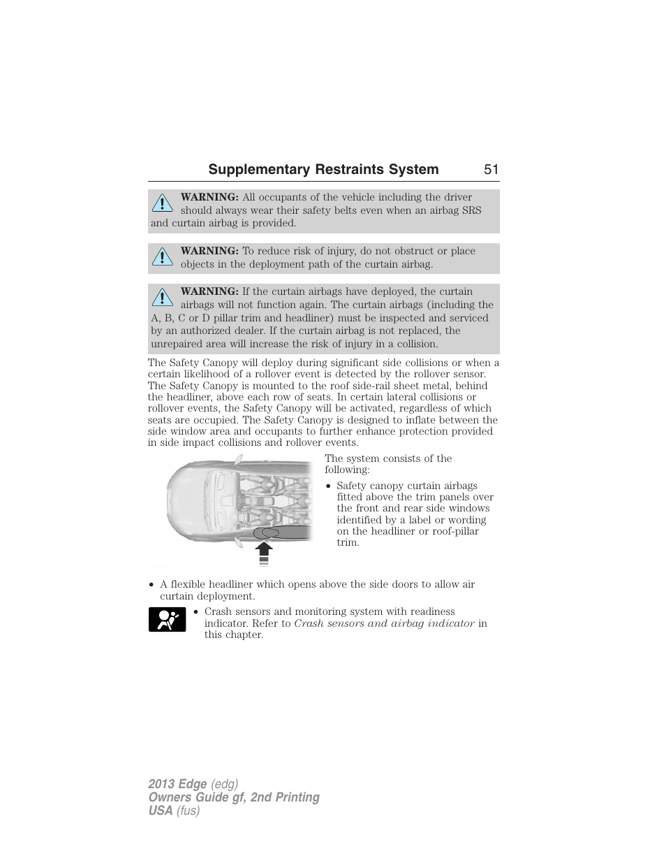 Supplementary restraints system 51 | FORD 2013 Edge v.2 User Manual | Page 51 / 513