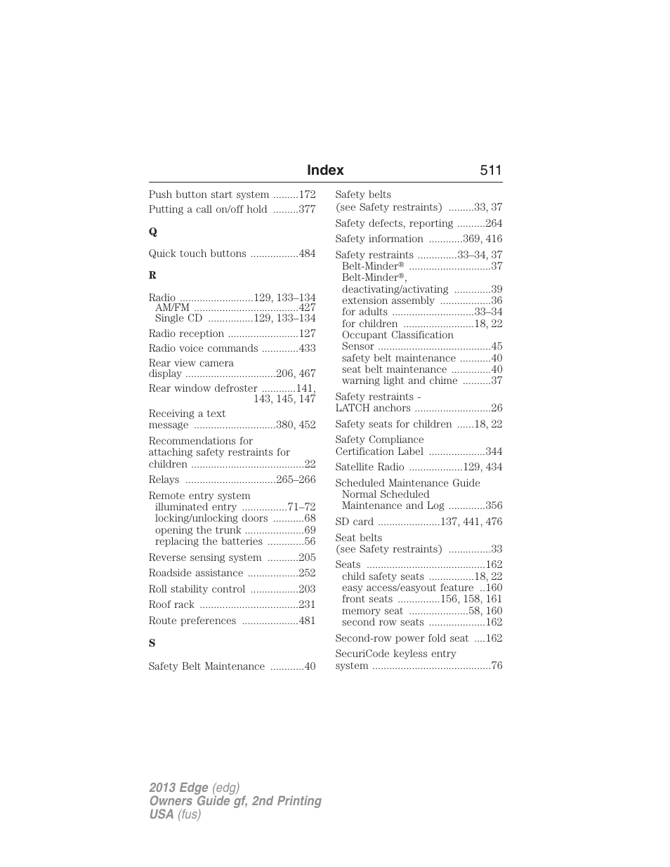 Index 511 | FORD 2013 Edge v.2 User Manual | Page 511 / 513