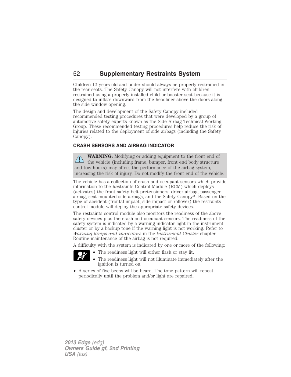 Crash sensors and airbag indicator, 52 supplementary restraints system | FORD 2013 Edge v.2 User Manual | Page 52 / 513