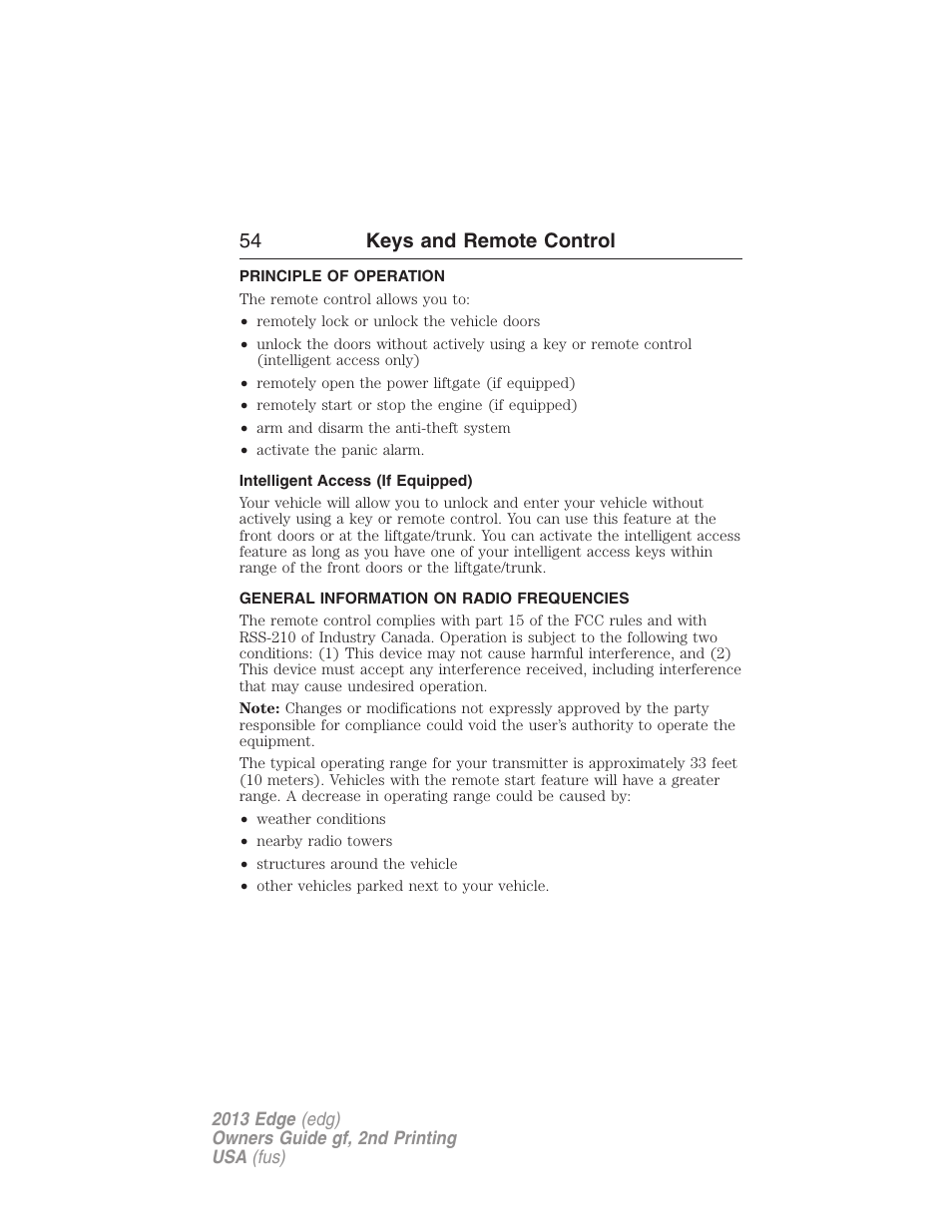 Keys and remote control, Principle of operation, Intelligent access (if equipped) | General information on radio frequencies, 54 keys and remote control | FORD 2013 Edge v.2 User Manual | Page 54 / 513