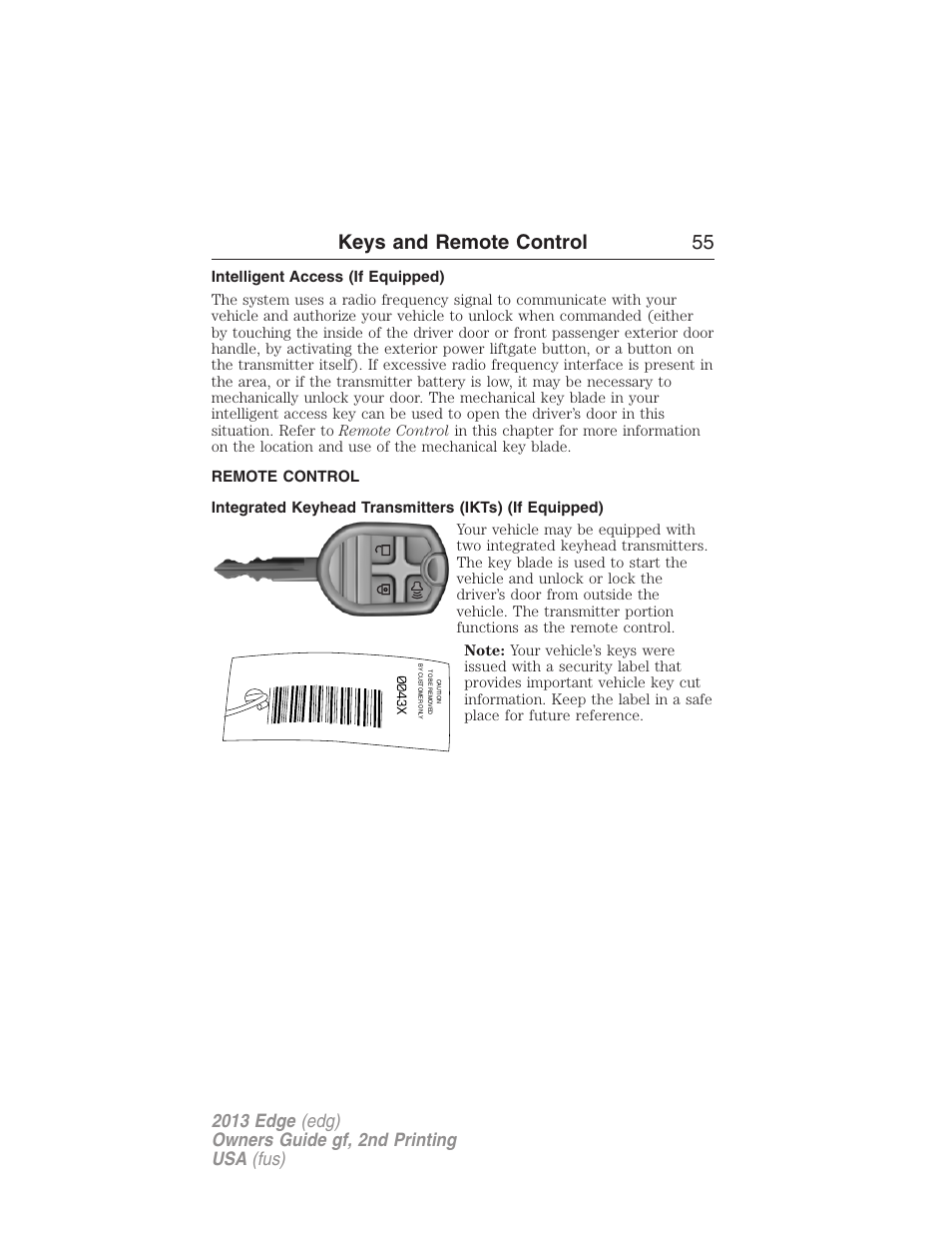 Intelligent access (if equipped), Remote control, Keys | Keys and remote control 55 | FORD 2013 Edge v.2 User Manual | Page 55 / 513