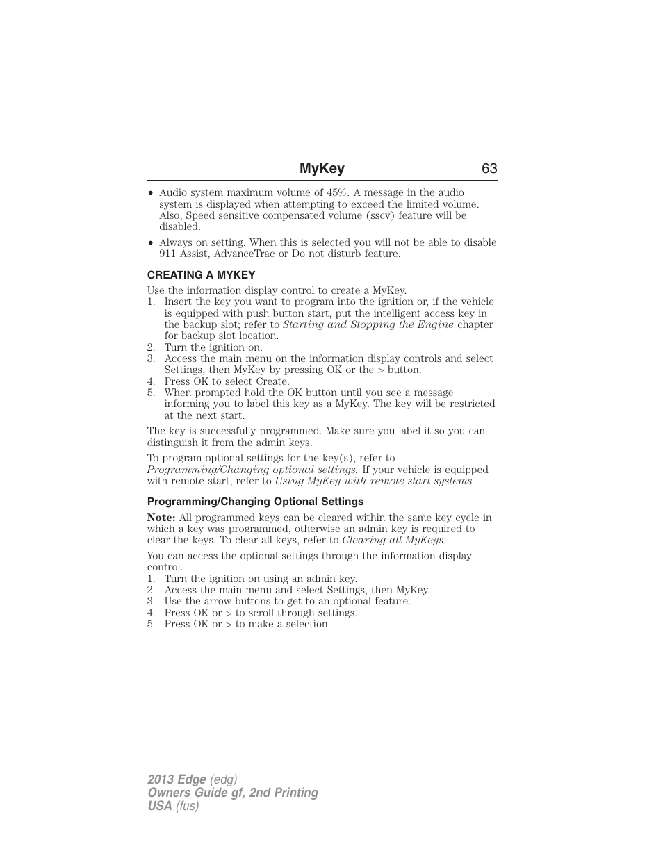 Creating a mykey, Programming/changing optional settings, Creating | Mykey 63 | FORD 2013 Edge v.2 User Manual | Page 63 / 513