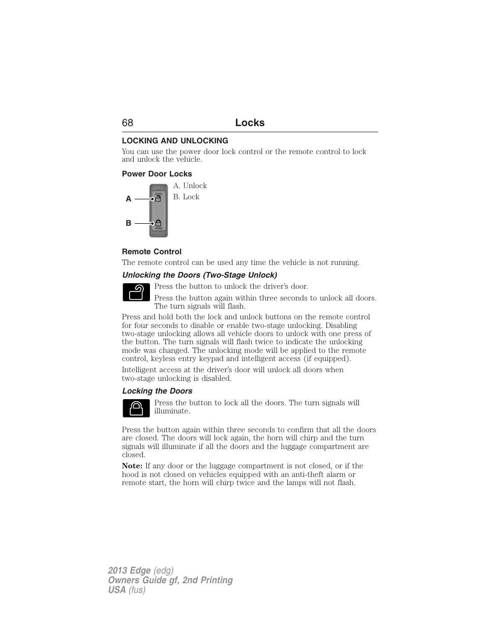 Locks, Locking and unlocking, Power door locks | Remote control, Unlocking the doors (two-stage unlock), Locking the doors, 68 locks | FORD 2013 Edge v.2 User Manual | Page 68 / 513