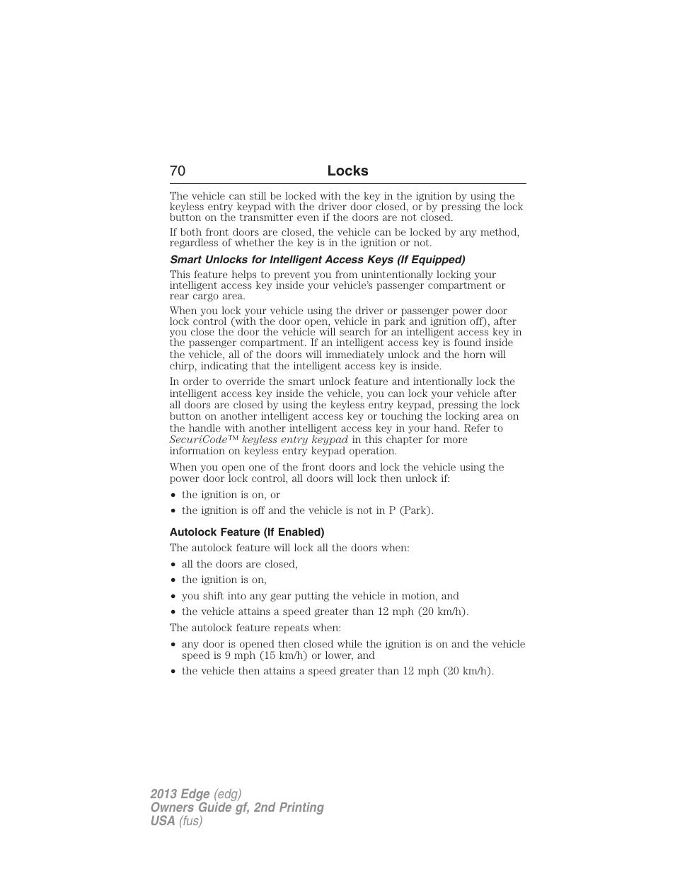Autolock feature (if enabled), 70 locks | FORD 2013 Edge v.2 User Manual | Page 70 / 513