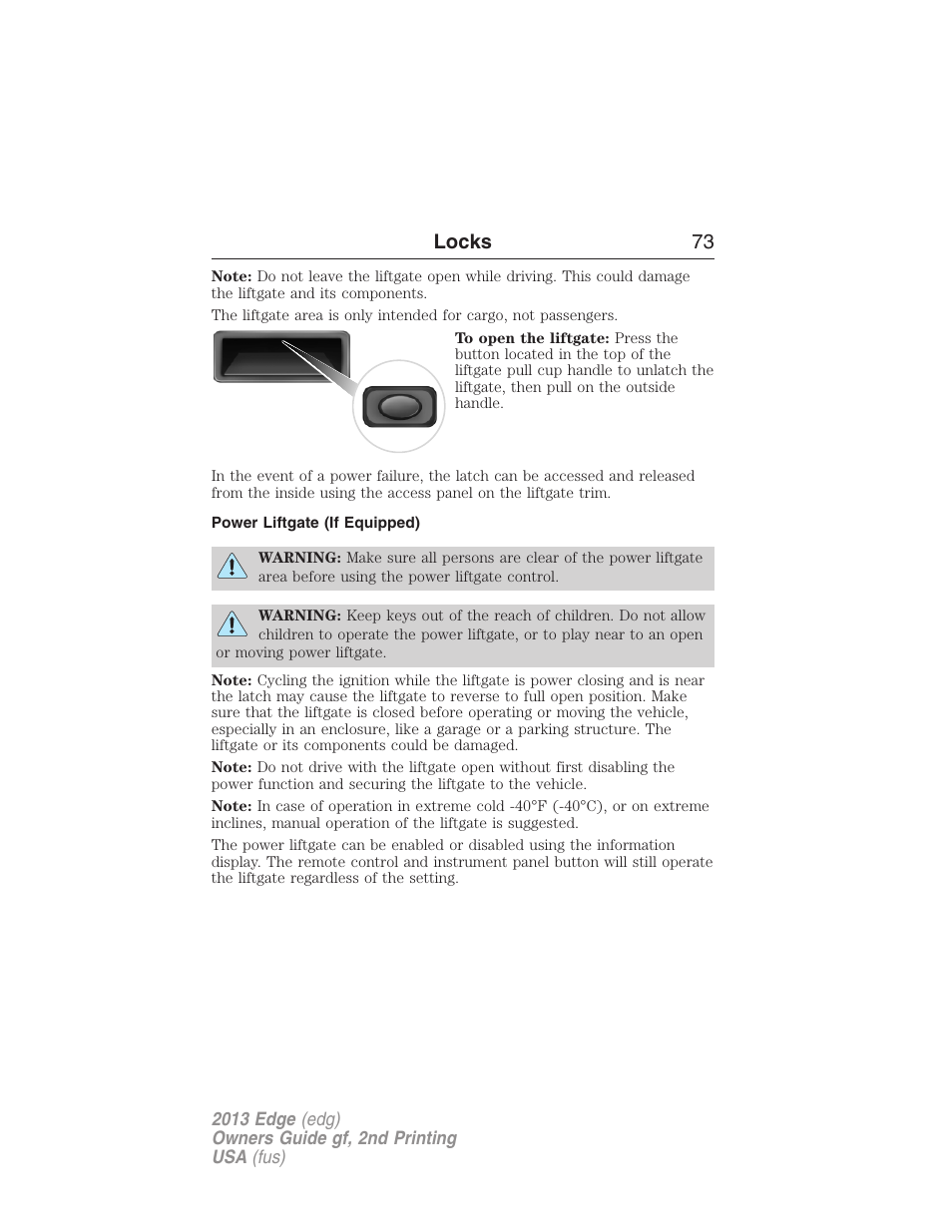 Power liftgate (if equipped), Locks 73 | FORD 2013 Edge v.2 User Manual | Page 73 / 513