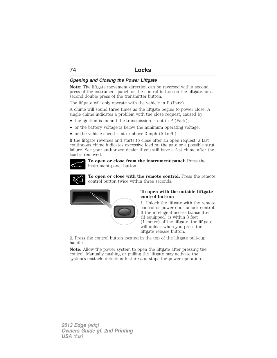 Opening and closing the power liftgate, 74 locks | FORD 2013 Edge v.2 User Manual | Page 74 / 513