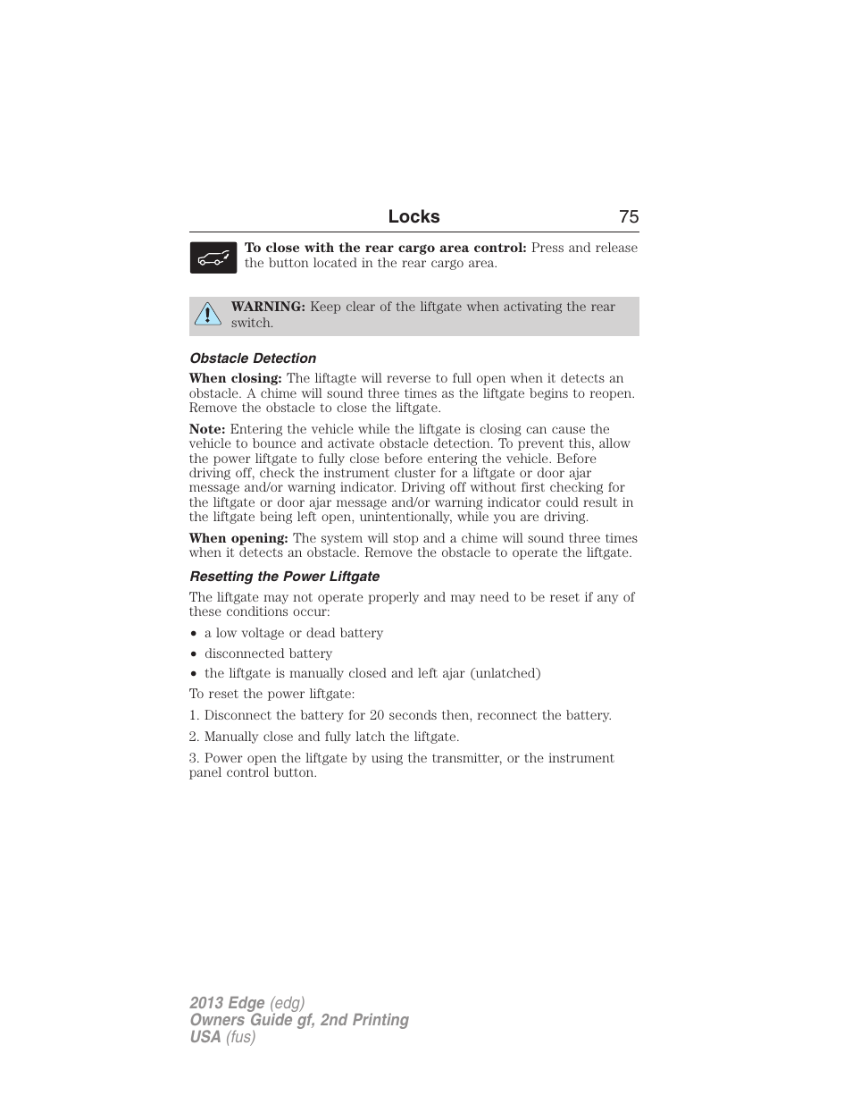 Obstacle detection, Resetting the power liftgate, Locks 75 | FORD 2013 Edge v.2 User Manual | Page 75 / 513