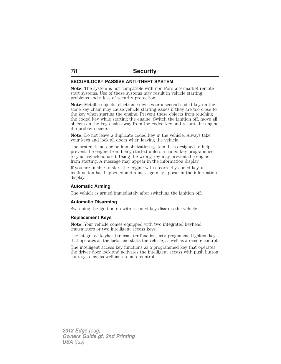 Security, Securilock? passive anti-theft system, Automatic arming | Automatic disarming, Replacement keys, Securilock, Passive anti-theft system, 78 security | FORD 2013 Edge v.2 User Manual | Page 78 / 513