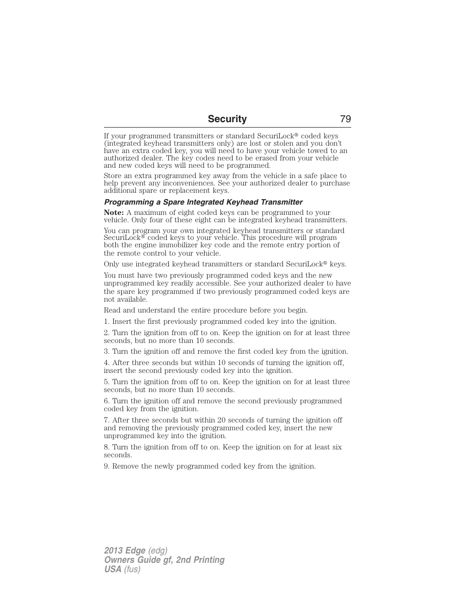 Programming a spare integrated keyhead transmitter, Security 79 | FORD 2013 Edge v.2 User Manual | Page 79 / 513