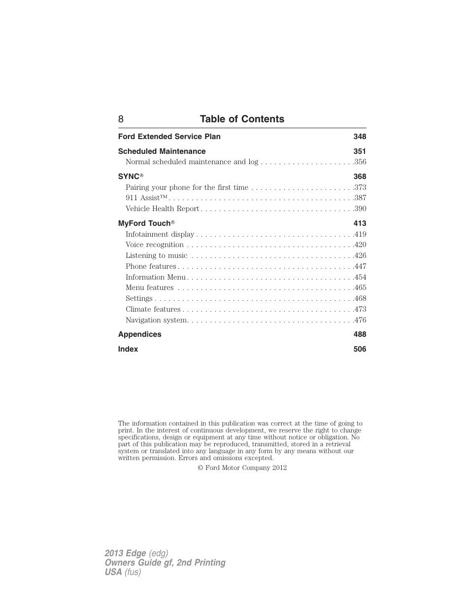 8table of contents | FORD 2013 Edge v.2 User Manual | Page 8 / 513