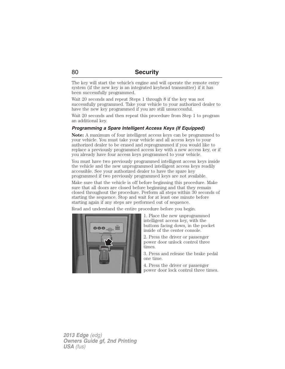 80 security | FORD 2013 Edge v.2 User Manual | Page 80 / 513
