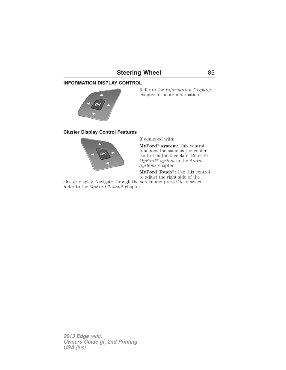 Information display control, Cluster display control features, Steering wheel 85 | FORD 2013 Edge v.2 User Manual | Page 85 / 513