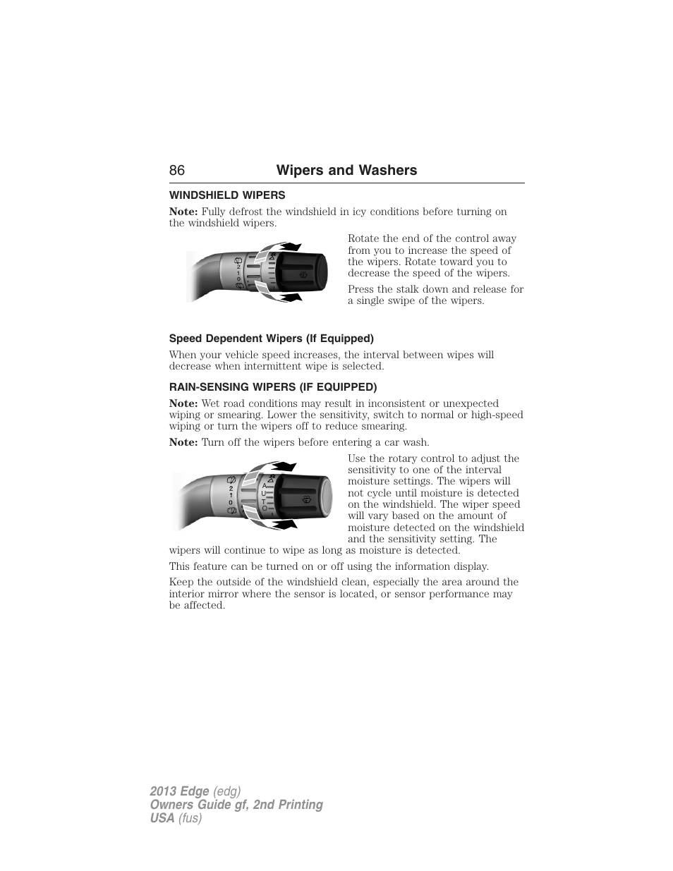 Wipers and washers, Windshield wipers, Speed dependent wipers (if equipped) | Rain-sensing wipers (if equipped), Rain-sensing wipers, 86 wipers and washers | FORD 2013 Edge v.2 User Manual | Page 86 / 513