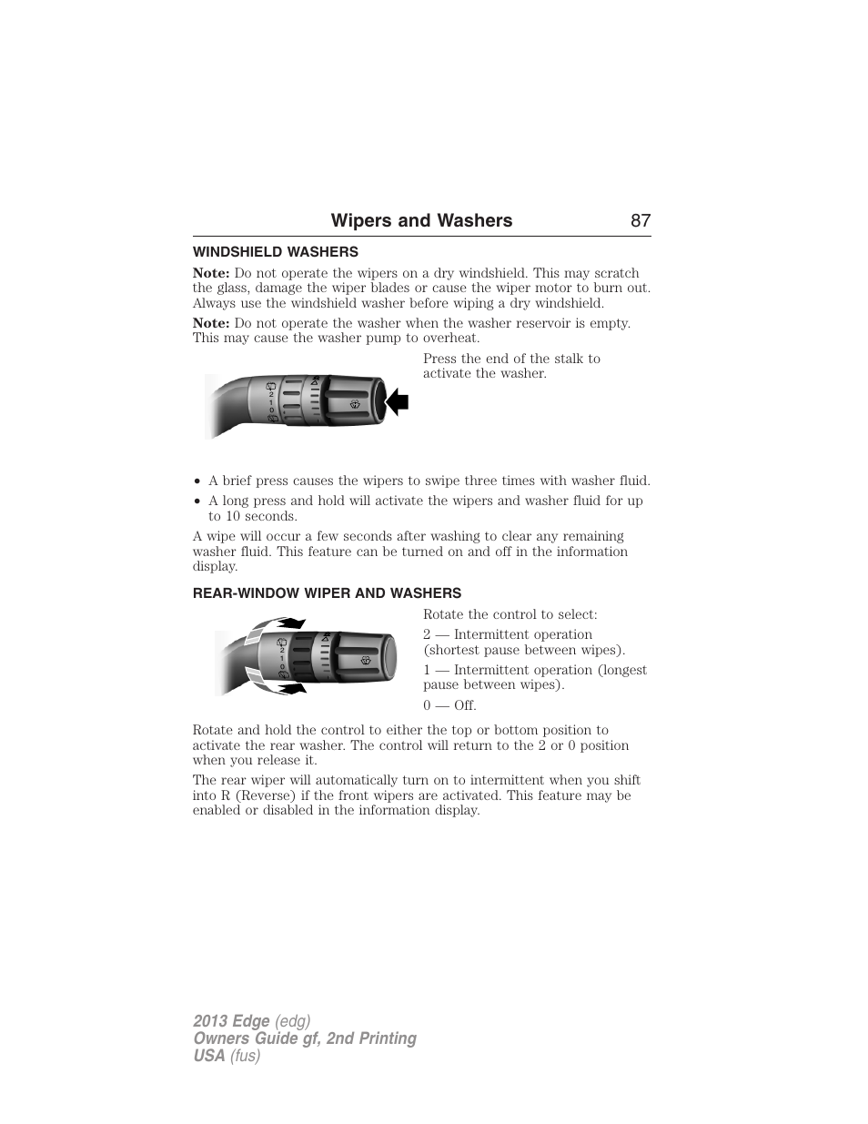 Windshield washers, Rear-window wiper and washers, Rear-window wiper and washer | Wipers and washers 87 | FORD 2013 Edge v.2 User Manual | Page 87 / 513