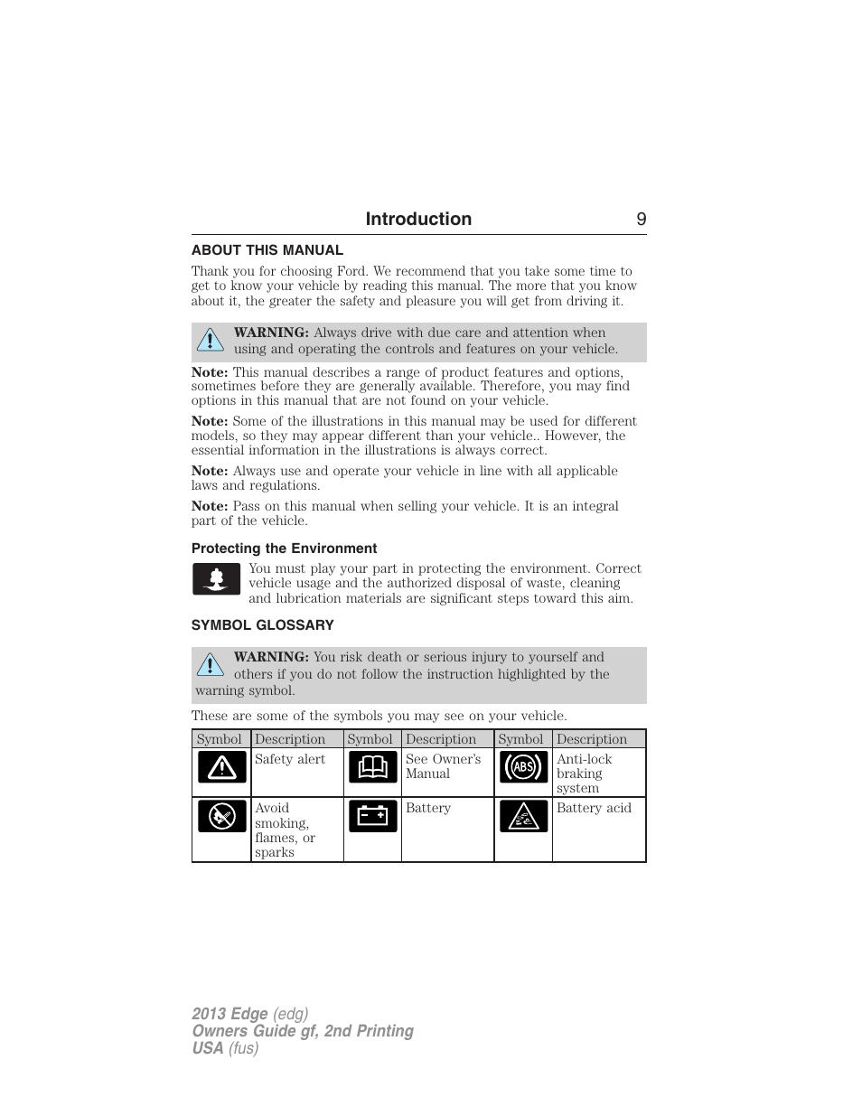 Introduction, About this manual, Protecting the environment | Symbol glossary, Introduction 9 | FORD 2013 Edge v.2 User Manual | Page 9 / 513