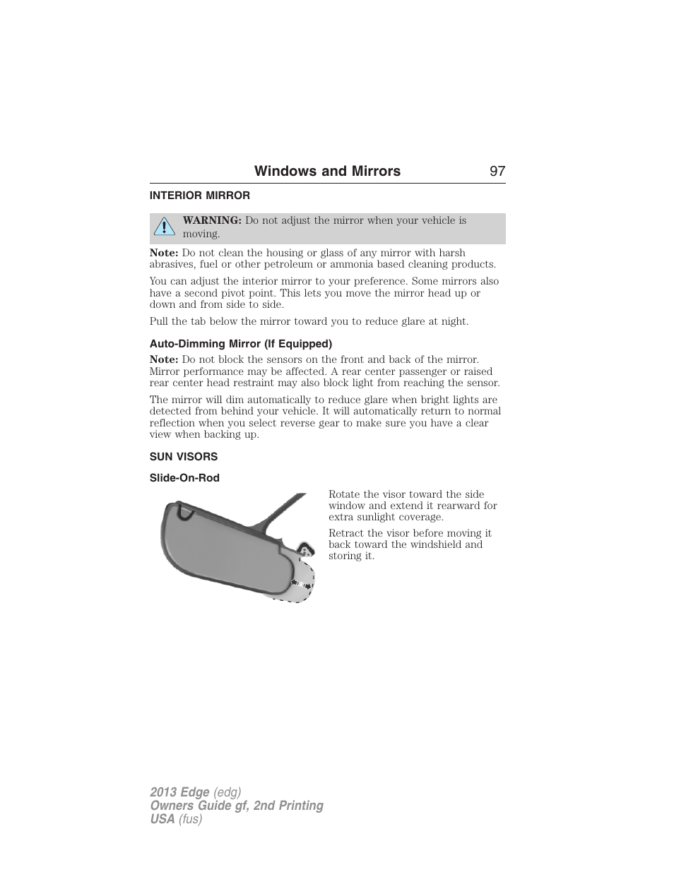 Interior mirror, Auto-dimming mirror (if equipped), Sun visors | Slide-on-rod, Interior mirrors, Windows and mirrors 97 | FORD 2013 Edge v.2 User Manual | Page 97 / 513