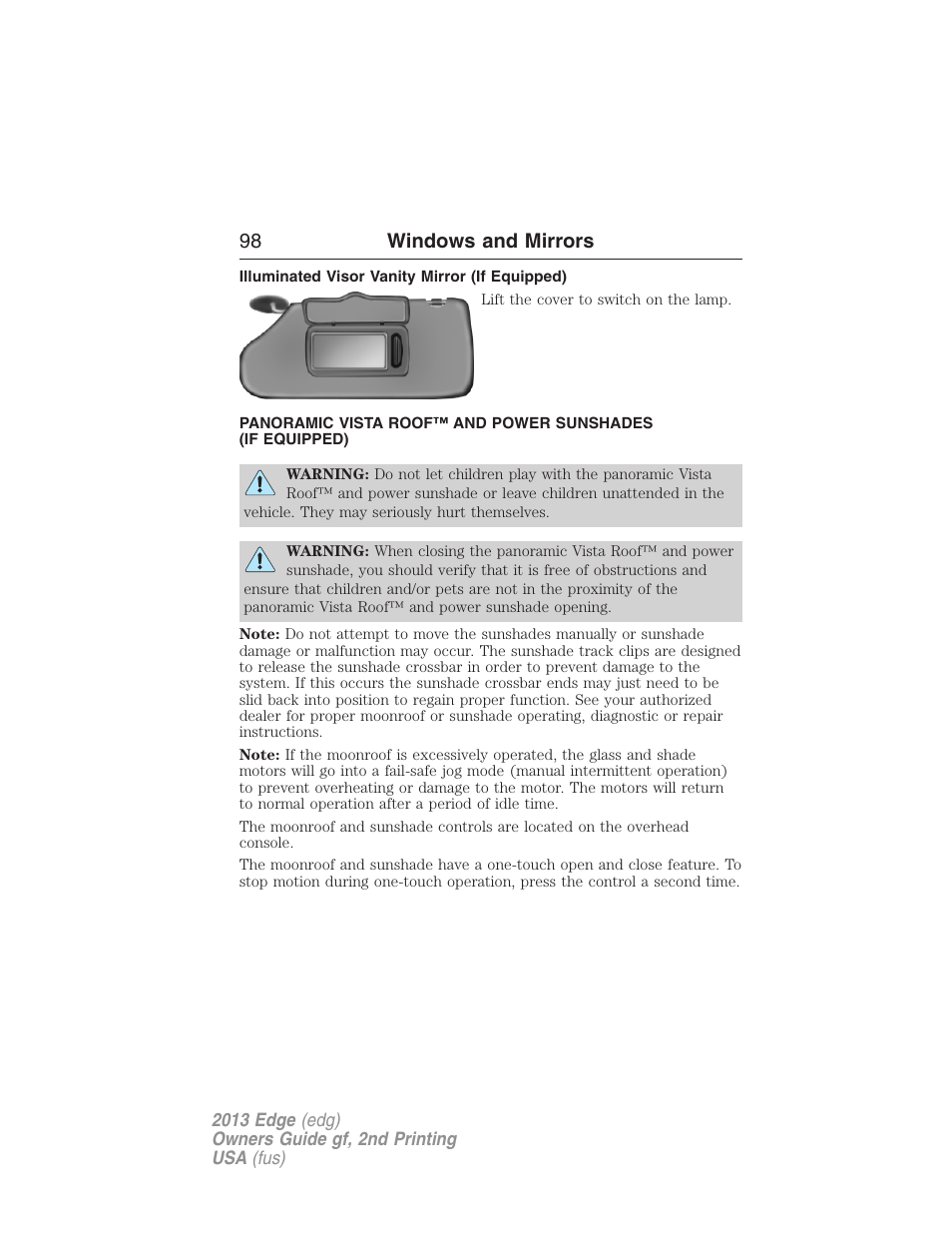 Illuminated visor vanity mirror (if equipped), Moonroof, 98 windows and mirrors | FORD 2013 Edge v.2 User Manual | Page 98 / 513