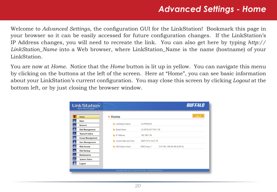 Advanced settings - home | Buffalo Technology LS-WSGL User Manual | Page 20 / 70