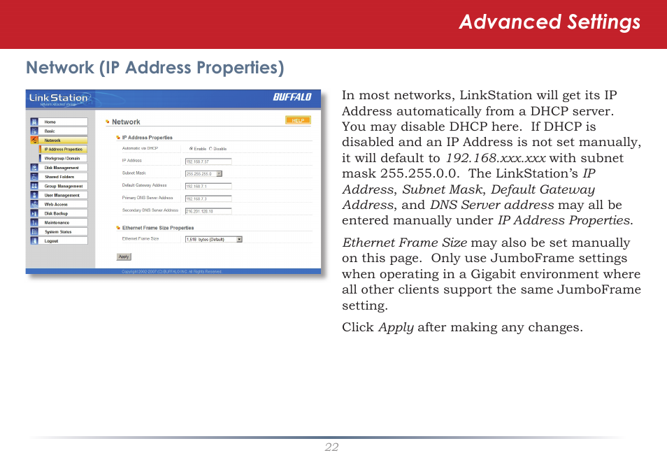 Advanced settings, Network (ip address properties) | Buffalo Technology LS-WSGL User Manual | Page 22 / 70