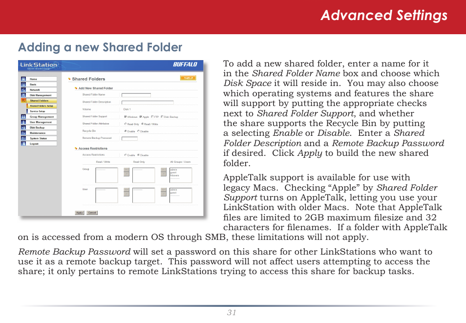 Advanced settings, Adding a new shared folder | Buffalo Technology LS-WSGL User Manual | Page 31 / 70