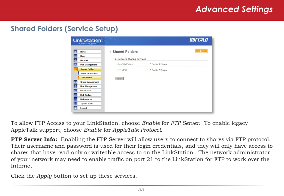 Advanced settings, Shared folders (service setup) | Buffalo Technology LS-WSGL User Manual | Page 33 / 70