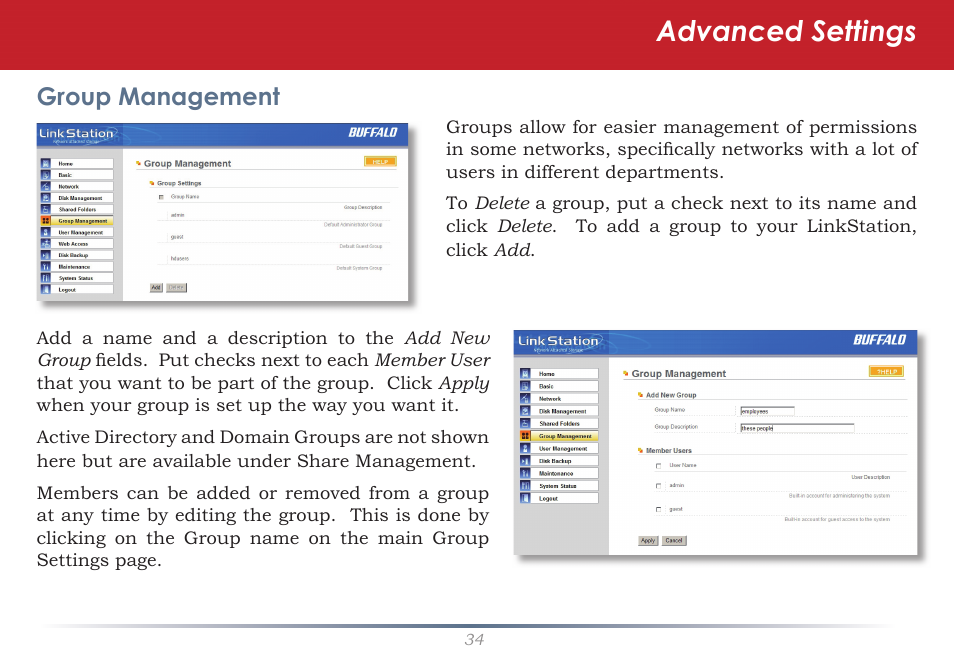 Advanced settings, Group management | Buffalo Technology LS-WSGL User Manual | Page 34 / 70