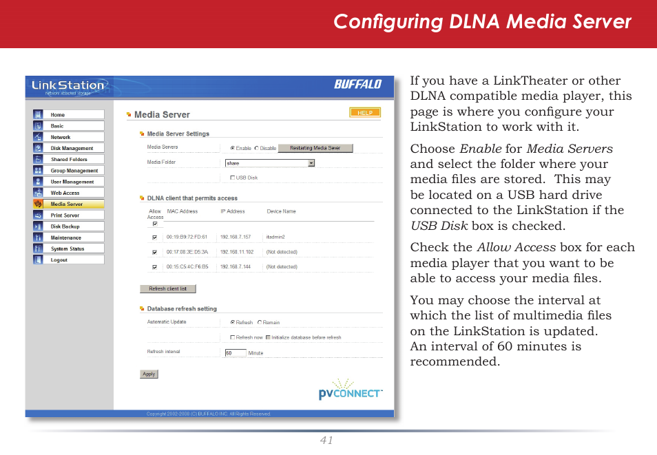 Conﬁ guring dlna media server | Buffalo Technology LS-WSGL User Manual | Page 41 / 70