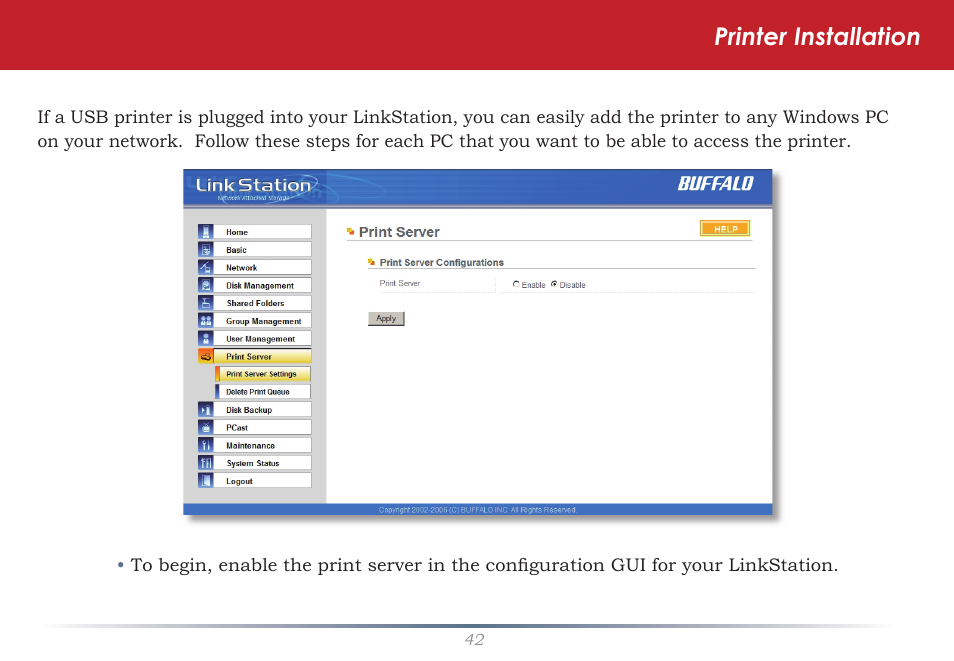 Printer installation | Buffalo Technology LS-WSGL User Manual | Page 42 / 70