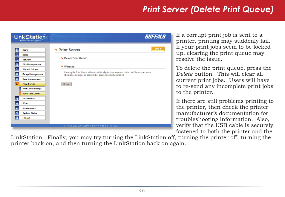 Print server (delete print queue) | Buffalo Technology LS-WSGL User Manual | Page 46 / 70