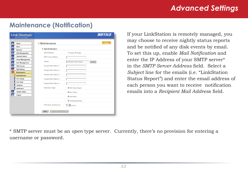 Advanced settings, Maintenance (notiﬁ cation) | Buffalo Technology LS-WSGL User Manual | Page 53 / 70