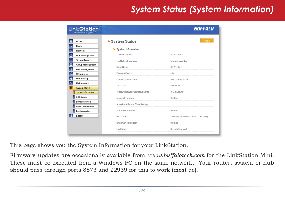 System status (system information) | Buffalo Technology LS-WSGL User Manual | Page 58 / 70