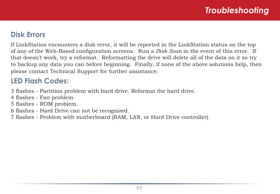 Troubleshooting, Disk errors, Led flash codes | Buffalo Technology LS-WSGL User Manual | Page 65 / 70