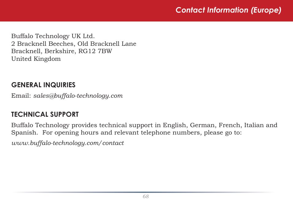Contact information (europe) | Buffalo Technology LS-WSGL User Manual | Page 68 / 70