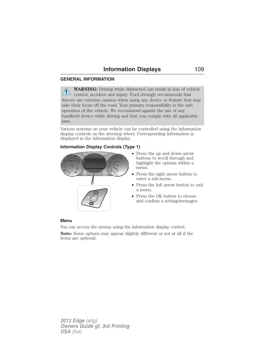 Information displays, General information, Information display controls (type 1) | Menu, Controls, Information displays 109 | FORD 2013 Edge v.3 User Manual | Page 110 / 521