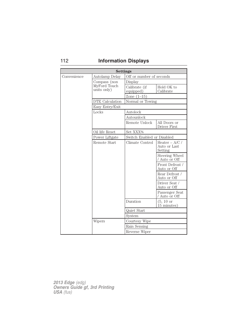 112 information displays | FORD 2013 Edge v.3 User Manual | Page 113 / 521