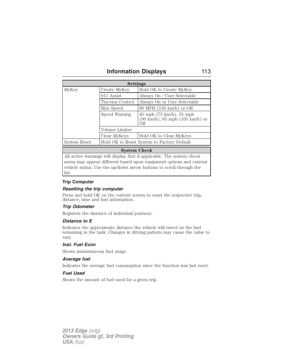 Trip computer, Resetting the trip computer, Trip odometer | Distance to e, Inst. fuel econ, Average fuel, Fuel used, Information displays 113 | FORD 2013 Edge v.3 User Manual | Page 114 / 521
