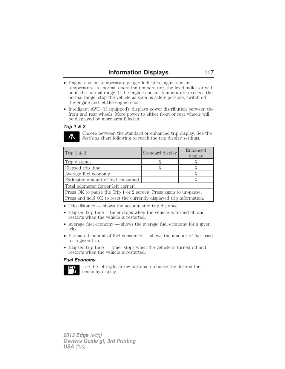 Trip 1 & 2, Fuel economy, Information displays 117 | FORD 2013 Edge v.3 User Manual | Page 118 / 521