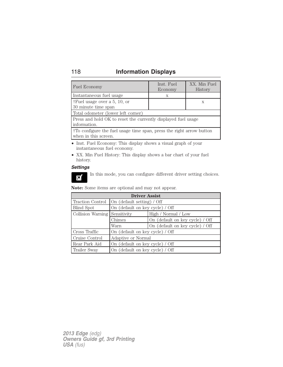 Settings, 118 information displays | FORD 2013 Edge v.3 User Manual | Page 119 / 521