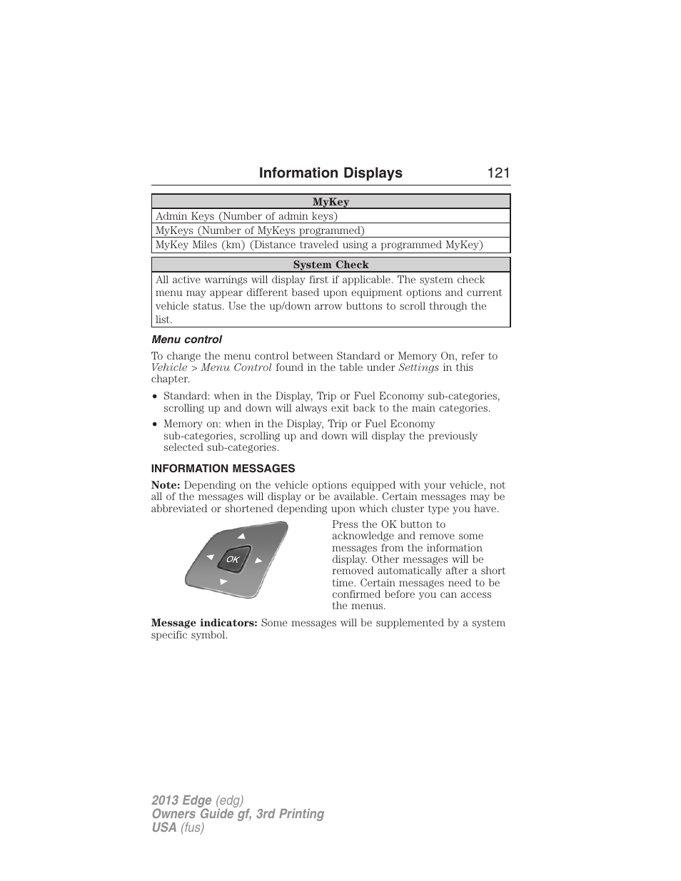 Menu control, Information messages, Information displays 121 | FORD 2013 Edge v.3 User Manual | Page 122 / 521