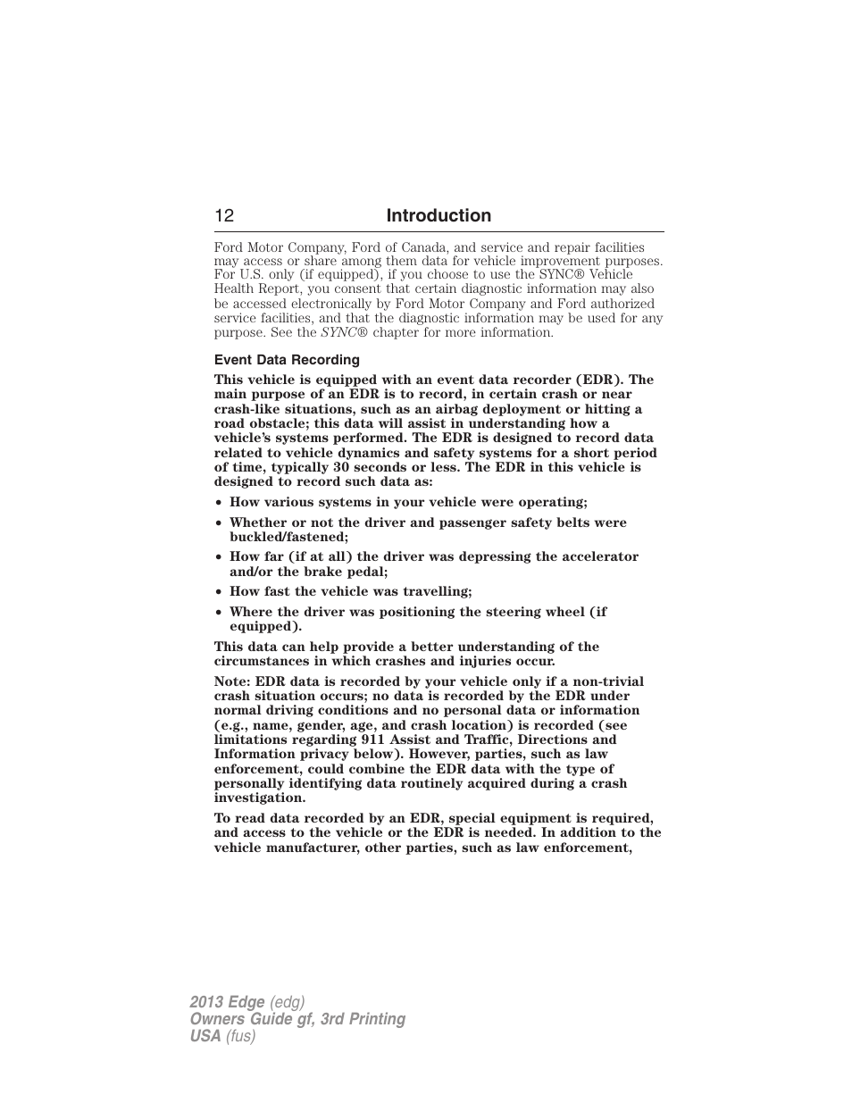 Event data recording, 12 introduction | FORD 2013 Edge v.3 User Manual | Page 13 / 521