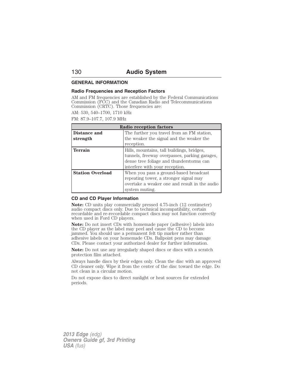 Audio system, General information, Radio frequencies and reception factors | Cd and cd player information, 130 audio system | FORD 2013 Edge v.3 User Manual | Page 131 / 521