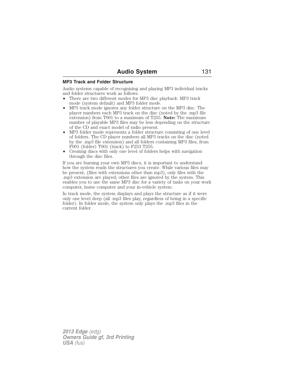 Mp3 track and folder structure, Audio system 131 | FORD 2013 Edge v.3 User Manual | Page 132 / 521