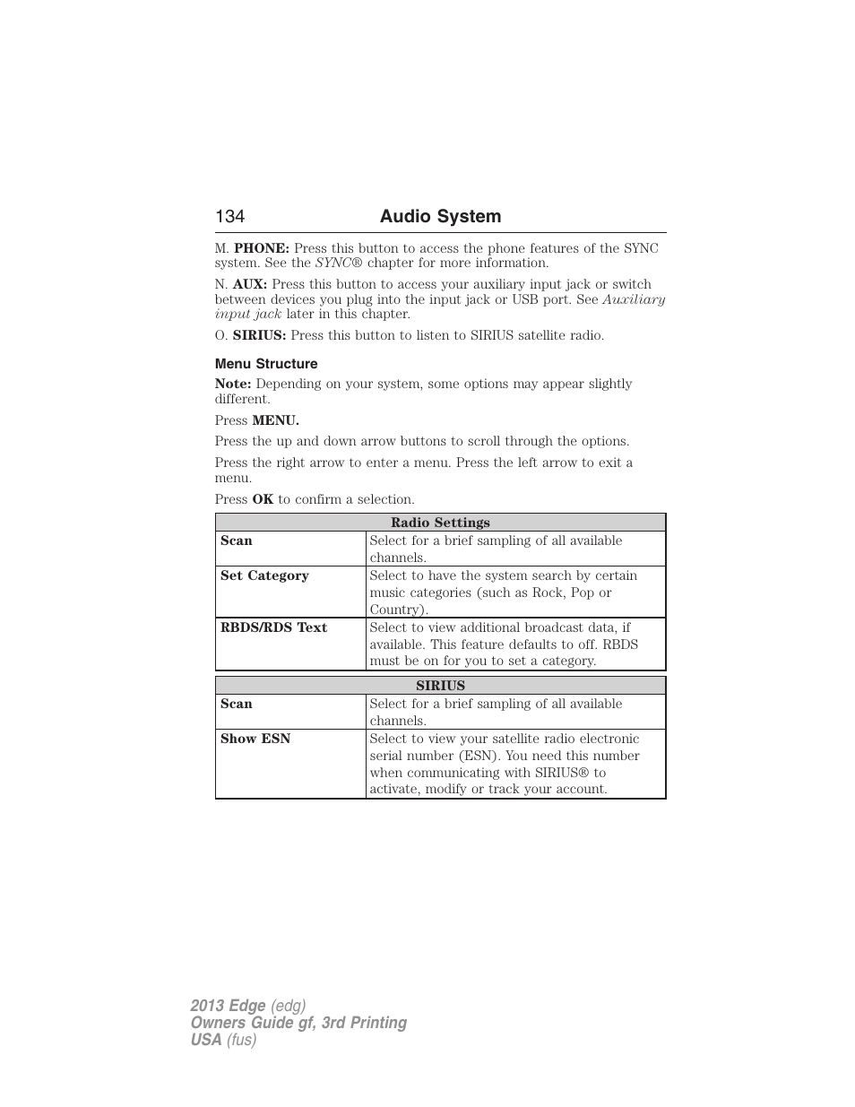 Menu structure, 134 audio system | FORD 2013 Edge v.3 User Manual | Page 135 / 521