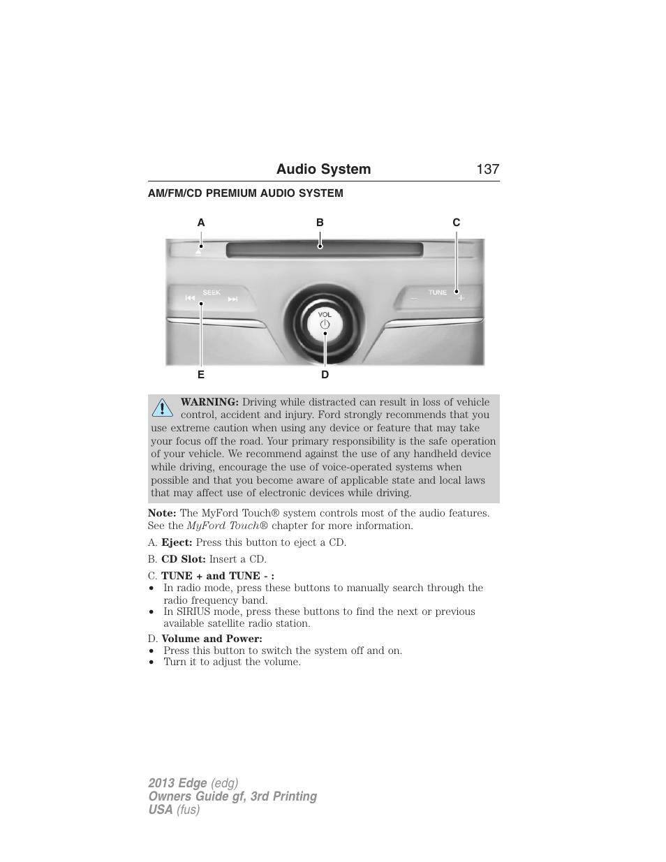 Am/fm/cd premium audio system, Audio system 137 | FORD 2013 Edge v.3 User Manual | Page 138 / 521