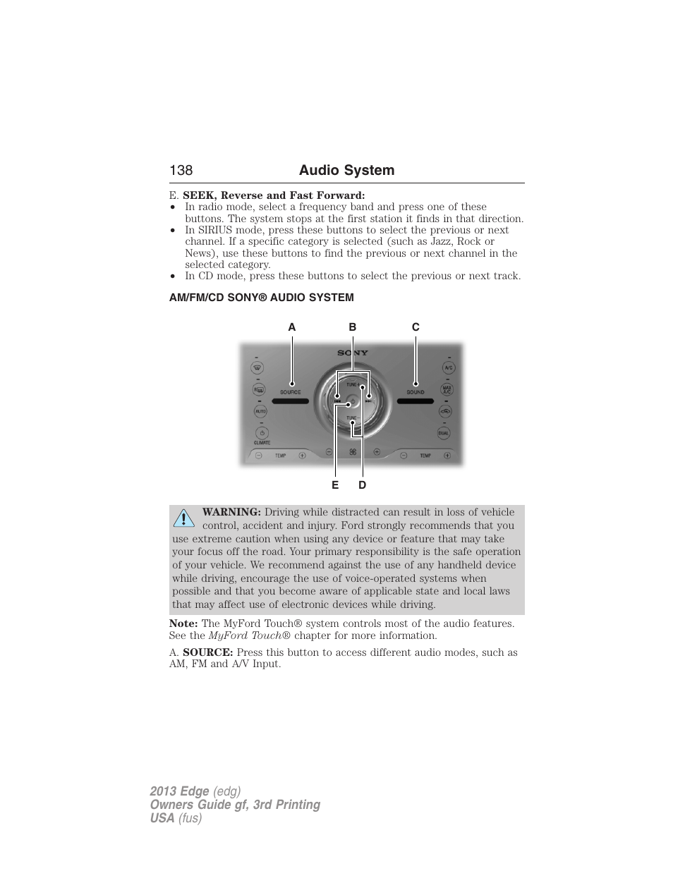 Am/fm/cd sony® audio system, 138 audio system | FORD 2013 Edge v.3 User Manual | Page 139 / 521