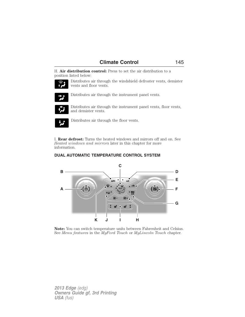 Dual automatic temperature control system, Dual automatic temperature control, Climate control 145 | FORD 2013 Edge v.3 User Manual | Page 146 / 521