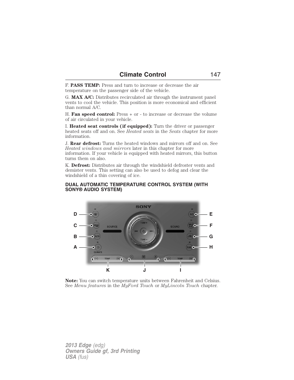 Climate control 147 | FORD 2013 Edge v.3 User Manual | Page 148 / 521