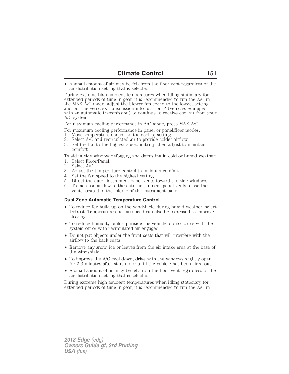Dual zone automatic temperature control, Climate control 151 | FORD 2013 Edge v.3 User Manual | Page 152 / 521